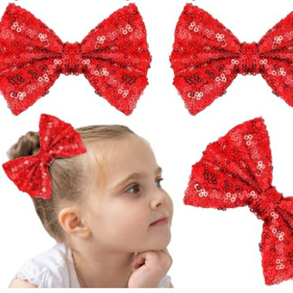 8 Pieces Sequin Bow Hair Clips Girls 4.7 Inch Cheer Glitter Holiday Christmas